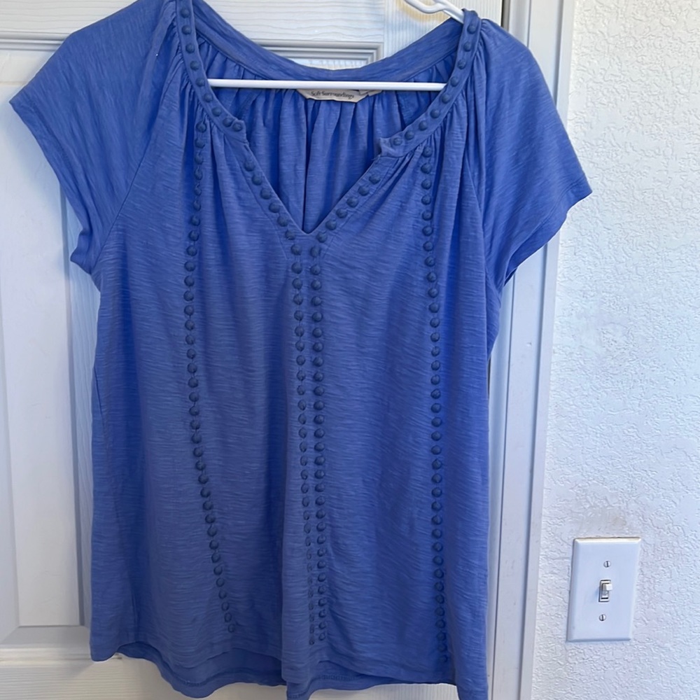 Soft Surroundings Periwinkle Blue v-neck capped sleeved top.